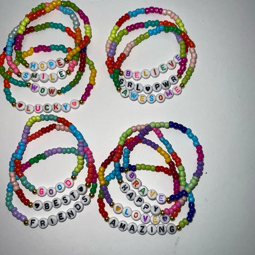 Colorful Beaded Friendship/Positive Affirmations Stretch Bracelets Set/Lot-14